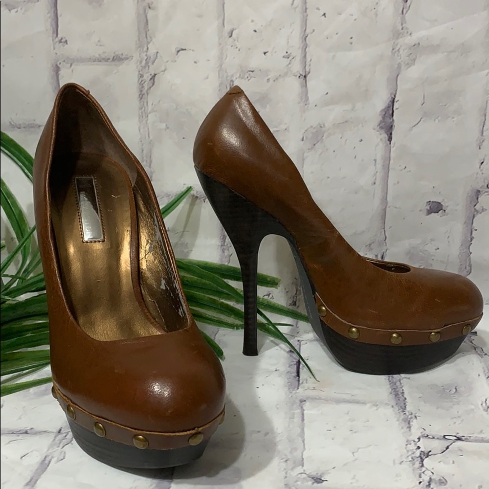 H by Halston Brown Leather Studded Platform Heels